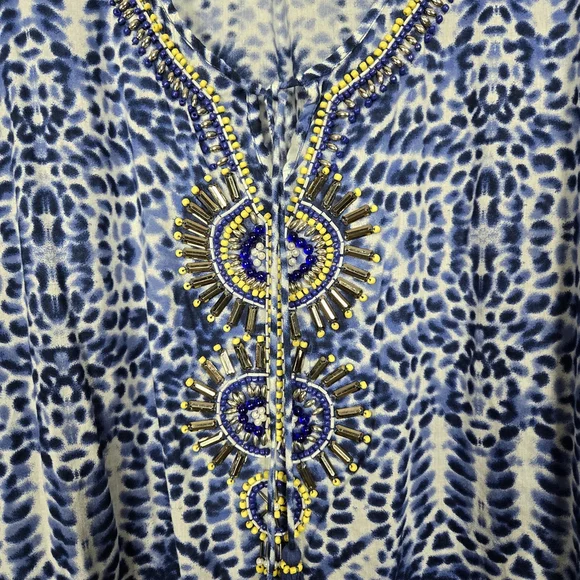 Catherines Womens Fairy Beaded Ikat Tunic Top 3X Blue Boho Hippie Mature Artsy - Picture 3 of 6